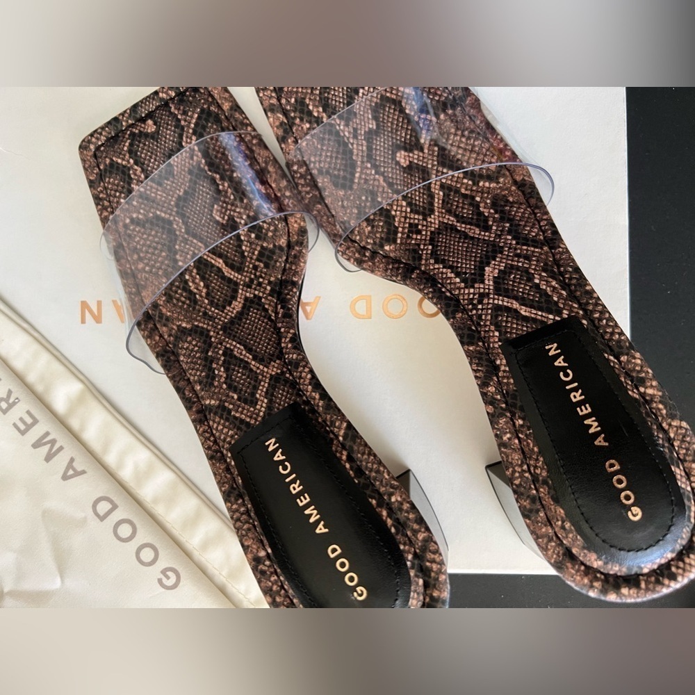 Good American Brown Snake Print Sandals